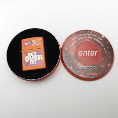 Zippo Get Over It Millennium Series Orange Lighter E 2000 Tin Case Y2K READ