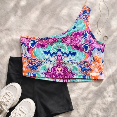Puma One Shoulder Crop Tank NWT Psychedelic Swirl Y2K Athleisure Top