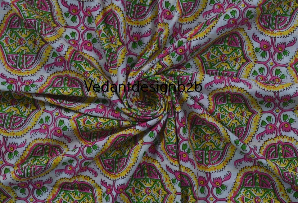 5 Yard Indian Hand Block Cotton Multicolor Geometric Print Handcrafted Fabric - Image 4 of 4