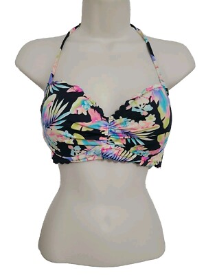 Coco Rave La Bamba Halter Black Floral Print Multi Underwire Bikini Top Size 36C