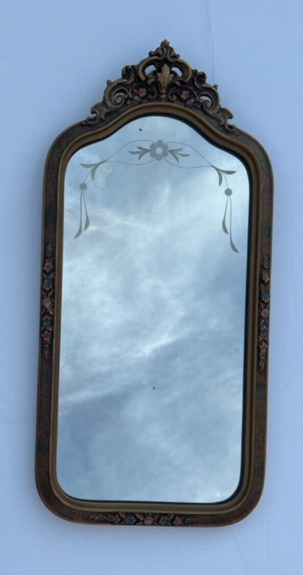 Antique Floral Carved Wood Accent Mirror with Etched Floral Design