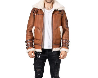 Men's Sheepskin Fur Leather Jacket - Handmade Genuine B3 Bomber Aviator Shearlin