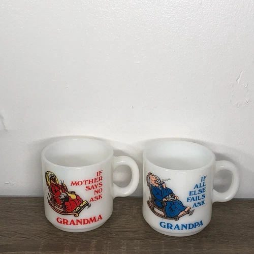 Vintage Milk Glass Mugs Grandma Grandpa His and Hers Coffee Cup Collection Set 2