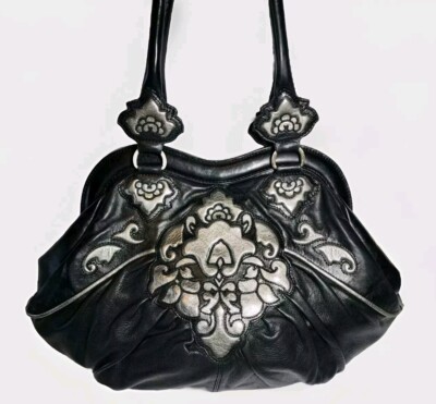 LIMITED ED. ISABELLA FIORE EMBOSSED STAINED SERENA BLACK & SILVER HANDBAG $625