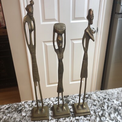 Vtg African Brass Tribal Sculptures Man Woman Elongated Figures Modernist Art