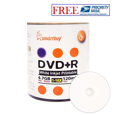 100 Pack Smartbuy 16X DVD+R 4.7GB White Inkjet Hub Printable Blank Record Disc
