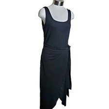 EXLURA SUMMER Wrap Tie Side Scoop Neck Bodycon Black Midi Dress Sleeveless Dress