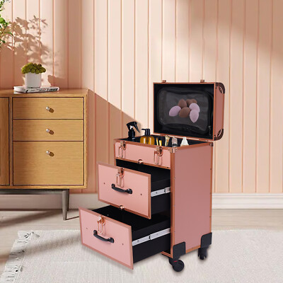 Rolling Makeup Train Case Aluminum Makeup Cosmetic Organizer Trolley Travel