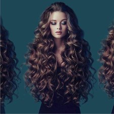 Women Brown Long Curly Full Wig Heat Resistant Synthetic Hair Fluffy Natural Wig