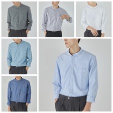 Mens Solid Shirt Mandarin Collar Business Office Blouse Button Up Long Sleeve