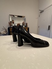 PRADA Black Leather Contrast Trim Block Heel Pumps Round Toe EU40 US9