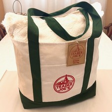 Trader Joe's Large Classic Tote Bag Natural White Green Trim 2025 LTD Holiday