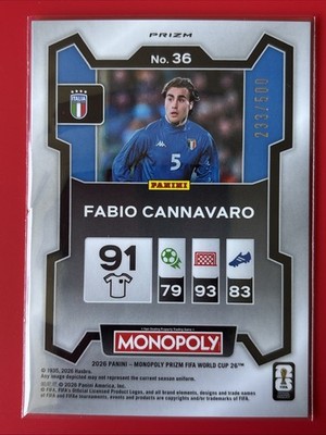 2026 Panini Prizm Monopoly FIFA Fabio Cannavaro 233/500 Gold Big
