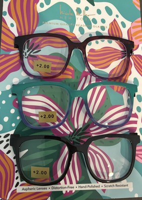 NICOLE MILLER RASPBERRY, AQUA, BLACK - 3 Pack Readers Glasses +2.00 NIB