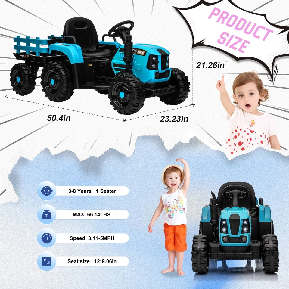 Juguete tractor 24V para niños vehículos eléctricos coche con control remoto, LED, azul Foto 2 de 4