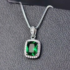 2.5ct Natural Emerald Pendant Cushion Diamond Halo 14k Solid White Gold NO CHAIN