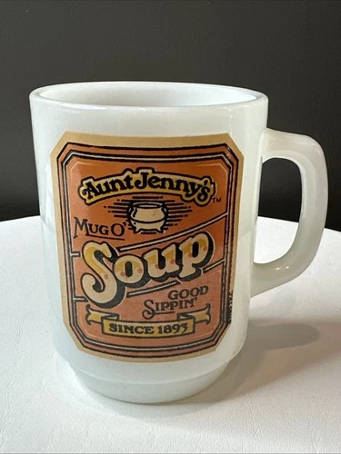 Vintage 1980 Aunt Jenny’s Mug O’ Soup Anchor Hocking Milk Glass Mug Cup Made USA