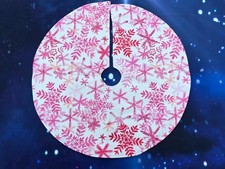 Handmade Mini 19" Christmas tree skirt Pink glittered snowflakes snow Winter