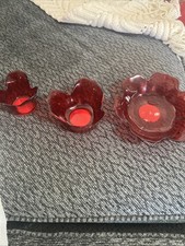 Flower Shaped Red Glass Candle, Candy, Nut, Dish/Bowls, Set of Three (G3)