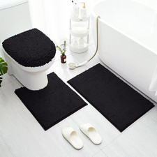 3-Piece Black Bathroom Rug Set Non-Slip Plush Chenille Bath Mats  Lid Cover