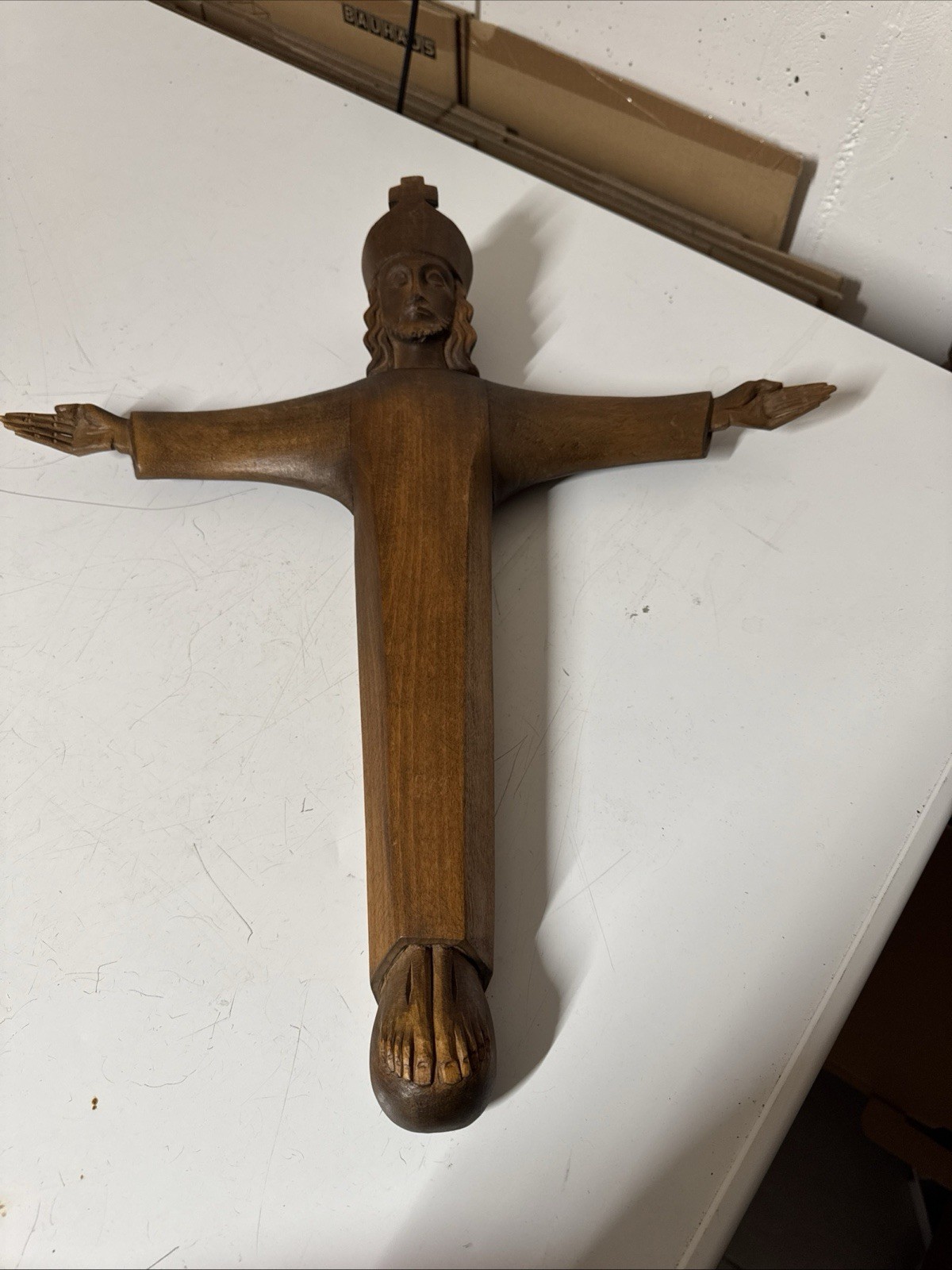 KREUZ JESUS HOLZ GESCHNITZ MODERN  SEHR SCHÖN MAẞE 45x45 cm