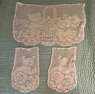 Hand Crocheted Antimacassar chair protectors cat basket and flower design