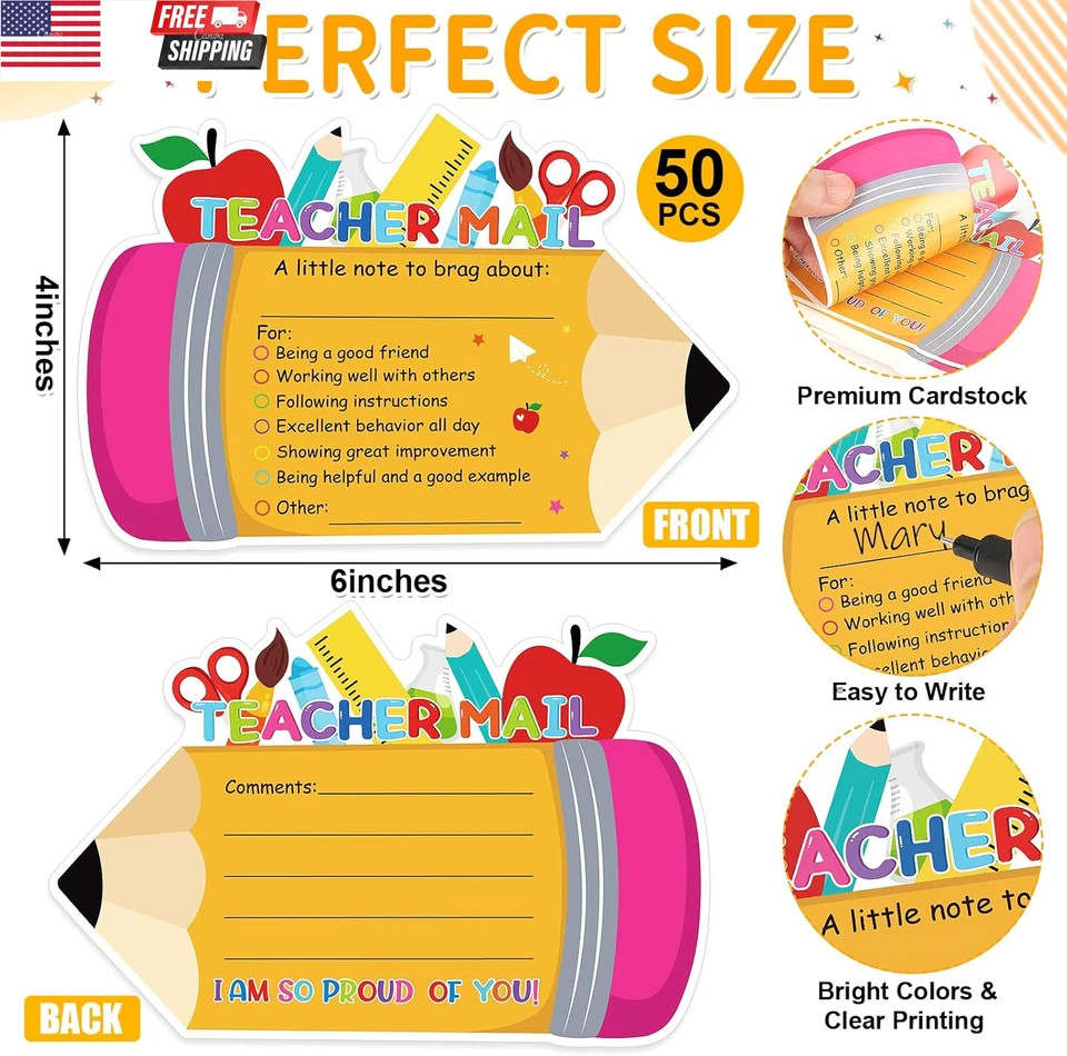 50 piezas de notas por correo del maestro a los padres, correo feliz a doble cara del maestro, presumir  Foto 2 de 4