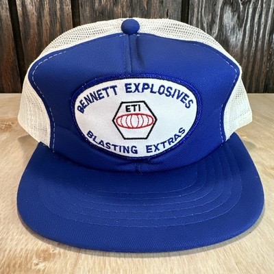 Vintage Trucker Hat Bennett Explosives Blasting Extras ETI Patch 80s Blue Mesh