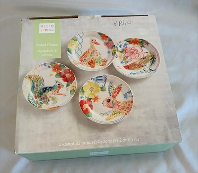 New Pier One Hello Spring set of 4 Salad Plates rabbit duck bird squirrel boxed