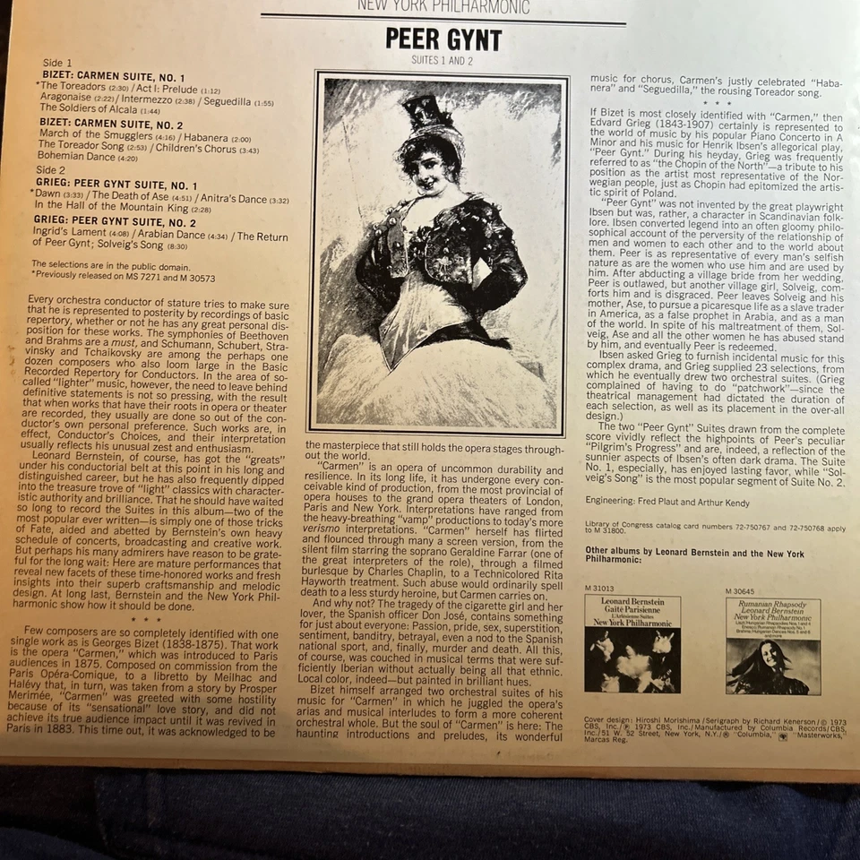 Bizet’s Carmen Suites 1&2 and Grieg’s Peer Gynt 1&2- Leonard Bernstein LP Vinyl  - Image 2 of 3