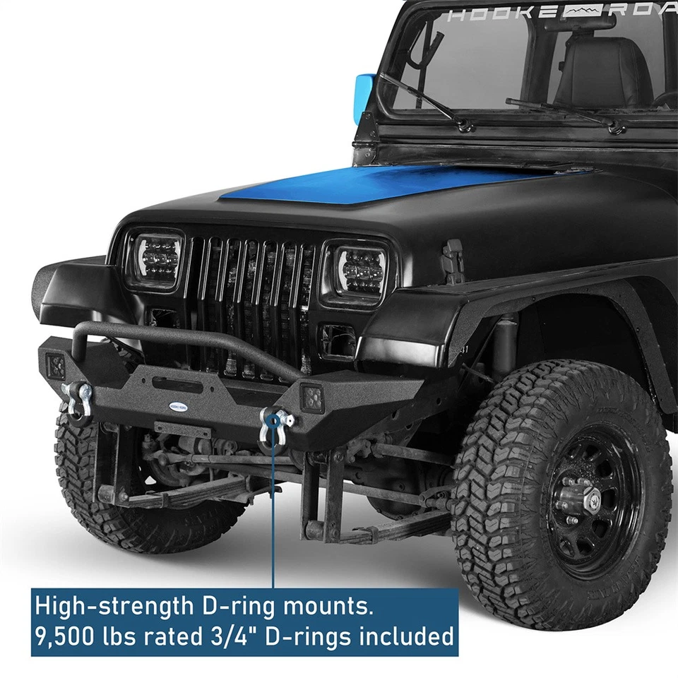 Parachoques delantero para Jeep Wrangler YJ TJ 1987-2006 con anillos en D luces LED placa de cabrestante Foto 3 de 4