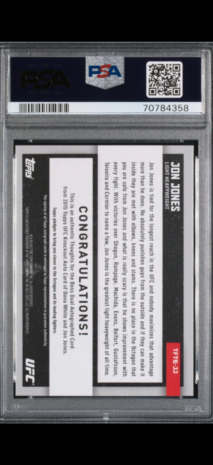 2015 Topps UFC Knockout - Thoughts from the Boss Auto Jon Jones, PSA 9 view 2