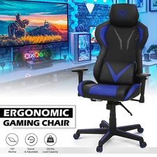Blue[LUMBAR SUPPORT+HEADREST]Gaming Racing Chair Reclinable Computer Swivel Seat