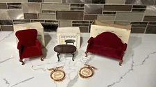 Concord Miniatures Dollhouse Velvet Couch, High Back Chair And Coffee Table
