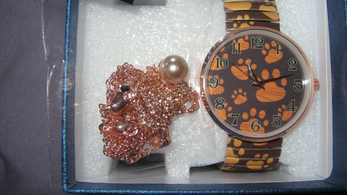 STRADA JAPANESE MOVEMENT PAWPRINT STRETCH BAND WATCH WITH MATCHING POODLE  NECKL