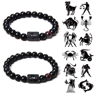 Zodiac Sign Natural Black Stone Beaded Elastic Stylish Bracelet Astrological