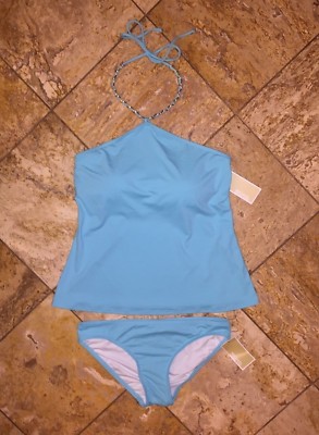 Nwt Michael Kors Hoher Auschnitt Blau Goldkette Tankini Bikini 2pc Satz Damen XS