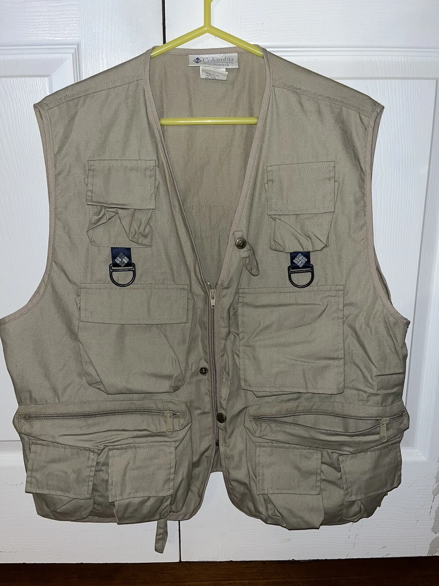 Vintage Columbia Men's L XL Fishing Utility Vest Multi Pocket Tan Beige