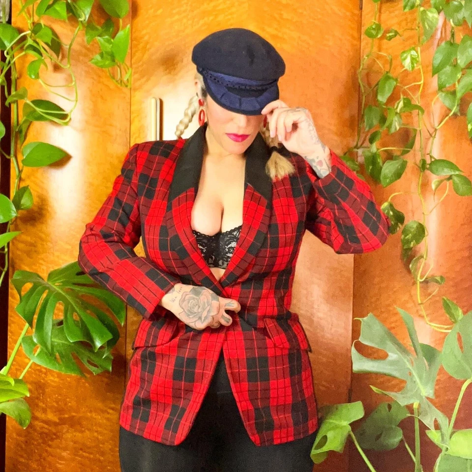 Blazer xadrez de lã vintage anos 90 TARTAN COURO PRETO E VERMELHO 40 B - Imagem 4 de 4