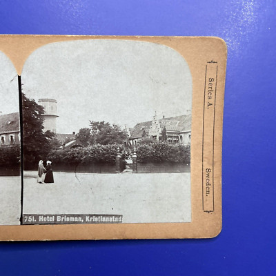 Antique Stereoview Card Gust A Johnson Sweden Hotel Brisman Women Talking Bushes
