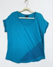 Lucky Brand Womens Medium Eyelet Hem Slub Knit Top Aqua Blue Short Sleeve Boho