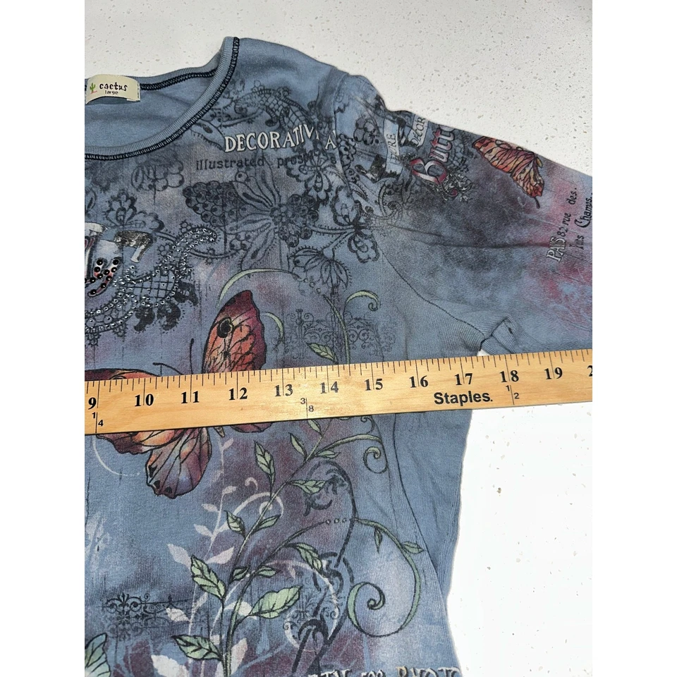 Top de cactus mariposas pedrería vintage EE. UU. 90 Y2K hada caprichoso jardín L Foto 4 de 4