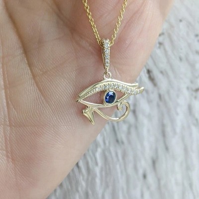 2Ct Round Cut Lab Created Sapphire Eye of Horus Pendant 14k Yellow Gold Finish