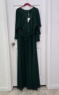 Ever Pretty V-Neck Evening Dress Dark Green Tie Waist Flutter Sleeve Size 18