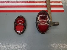 2 Vintage 1930s Stimsonite Chev-Lite Red Glass Lens Etched Bow Tie Emblems