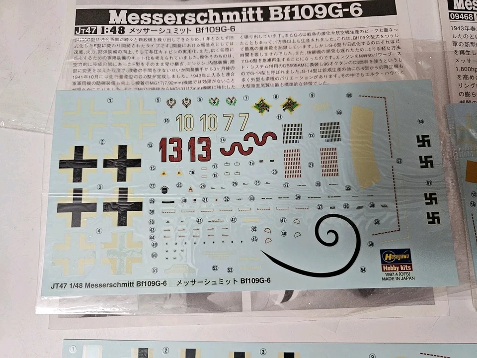 Hasegawa 1/48 Decals & Instructions Bf-109G-6 "JG77", Bf-109G-10 Reichs Defense - Image 3 of 4