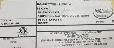Carol C3524 Plenum RG6/U 18awg Premium FFEP 75Ohm Coaxial Cable Nat /250ft
