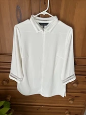 Ming Wang Blouse Off White Lace Trimmed Full Zip Tunic Oversized Sz XS Career