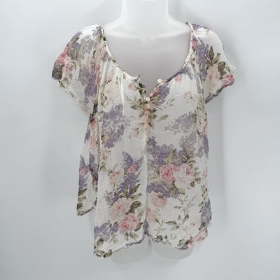 Denim & Supply Blouse Women s S Floral Semisheer Boho Fairy Fray Edge Flowy Top