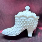 Near Mint Vintage Fenton Lidded Milk Glass Hobnail Boot Trinket Box Candy Dish